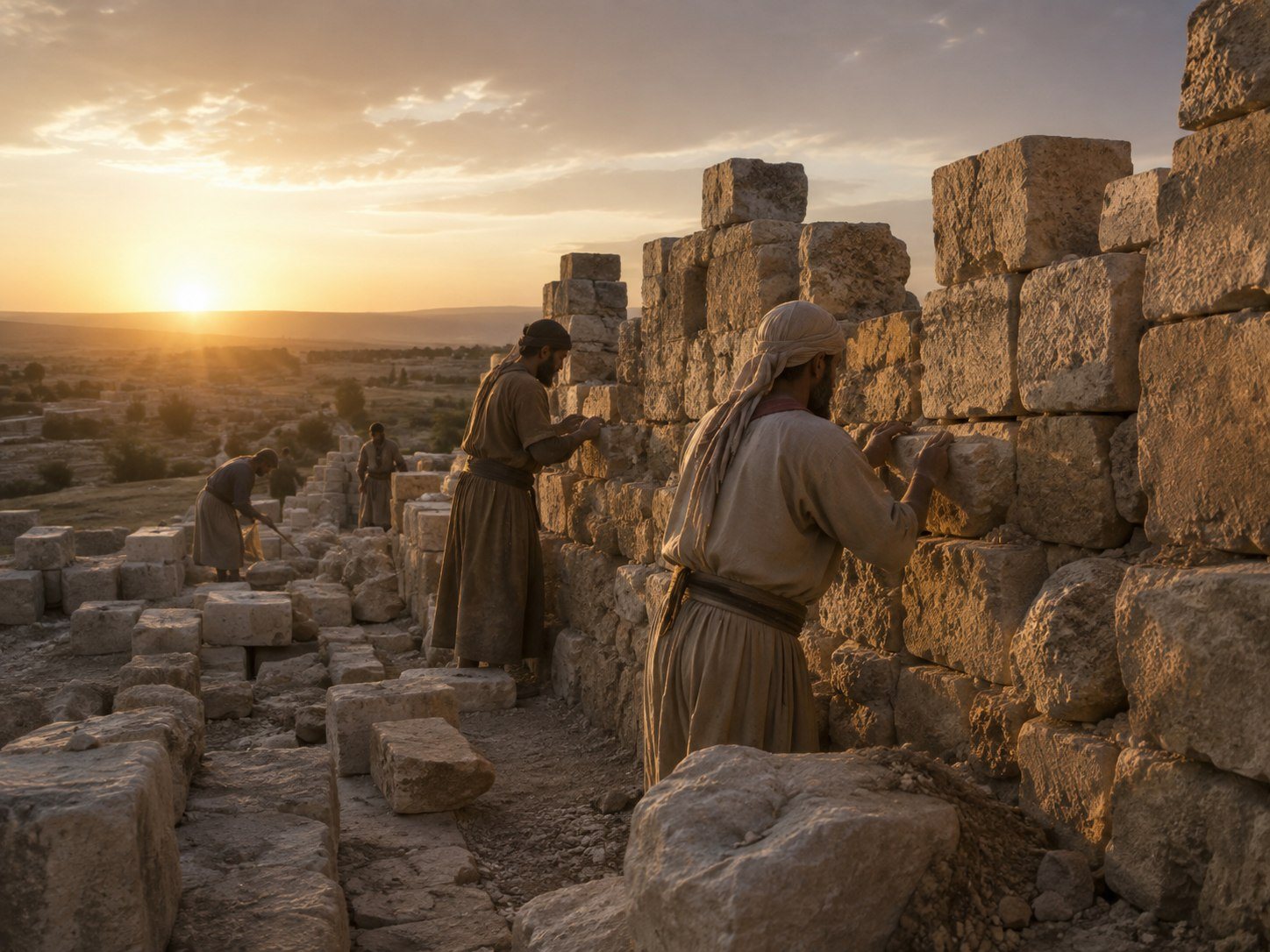 Workers rebuilding an ancient stone wall in golden light
