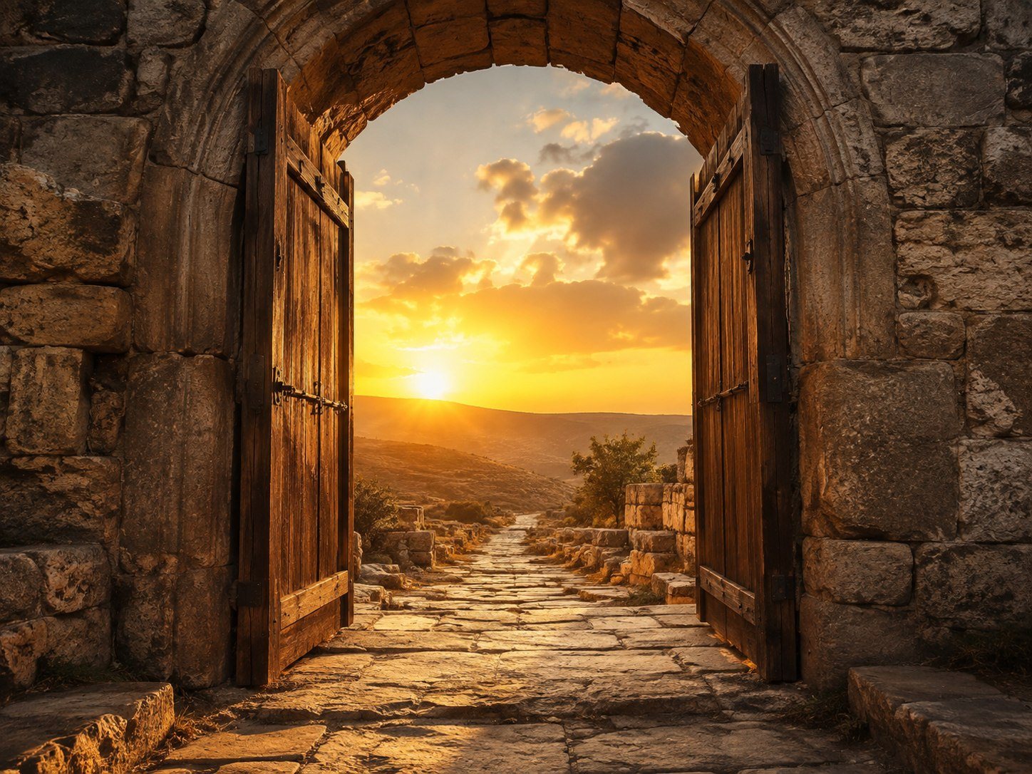 An open ancient gateway leading into a new season