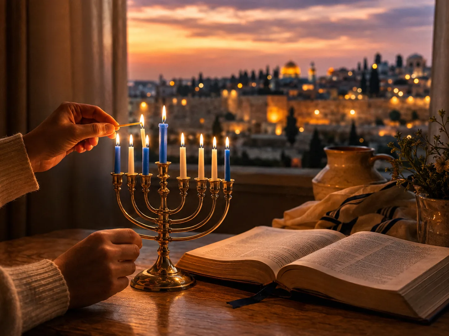Lighting a Hanukkah menorah beside an open Bible at dusk
