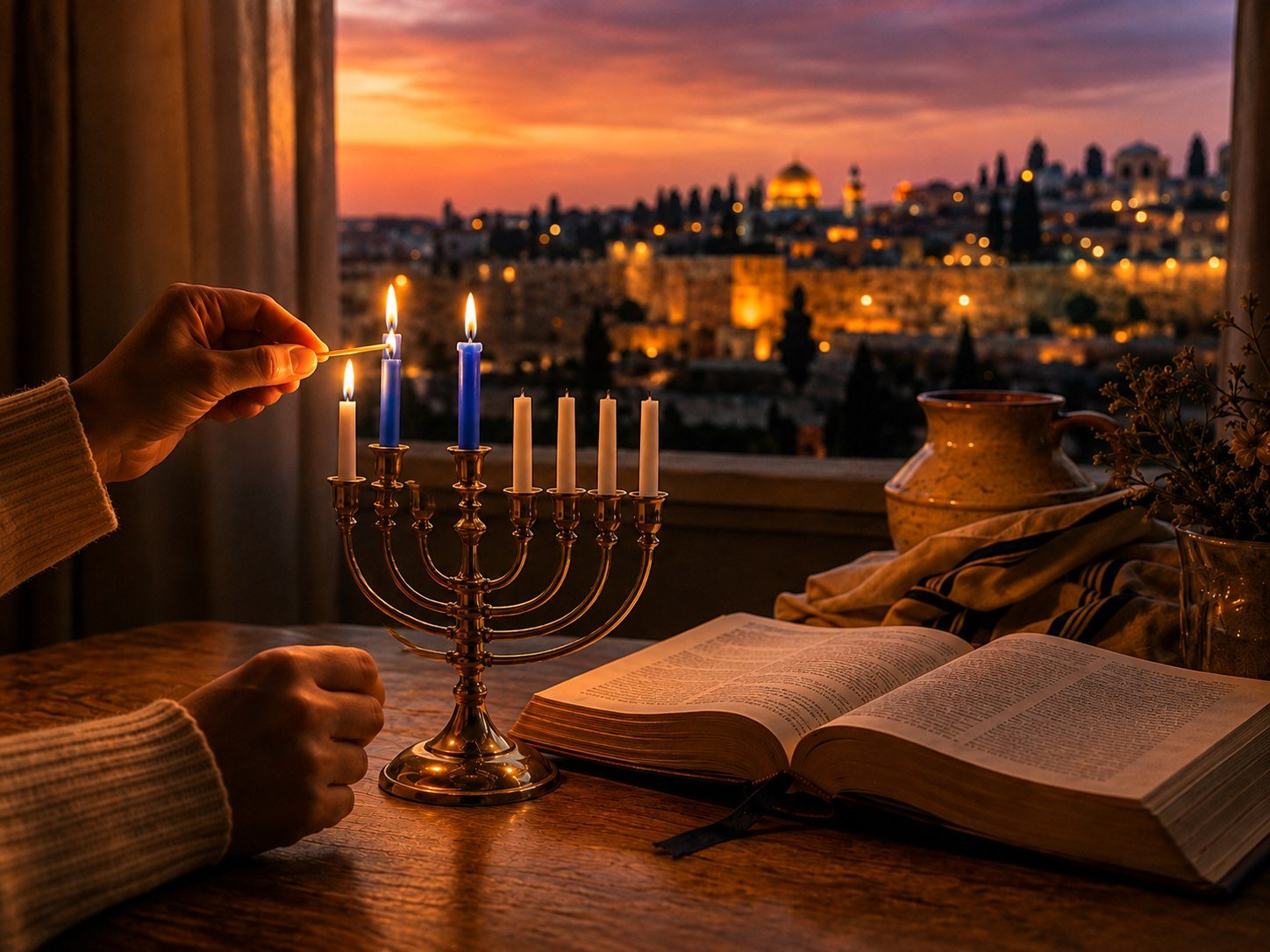 A Hanukkah menorah glowing beside an open Bible with Jerusalem beyond