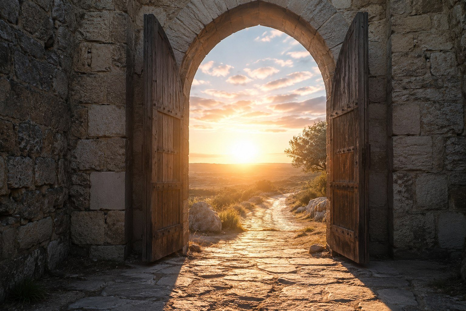 An open gate leading toward a sunlit path