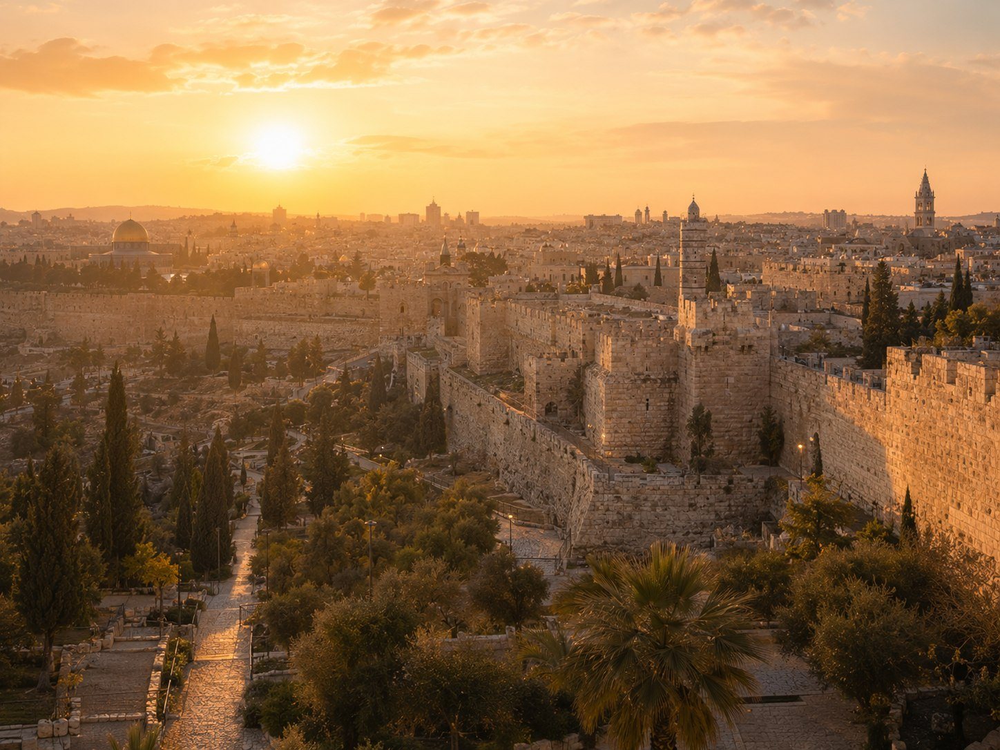 Jerusalem and its ancient walls in warm evening light