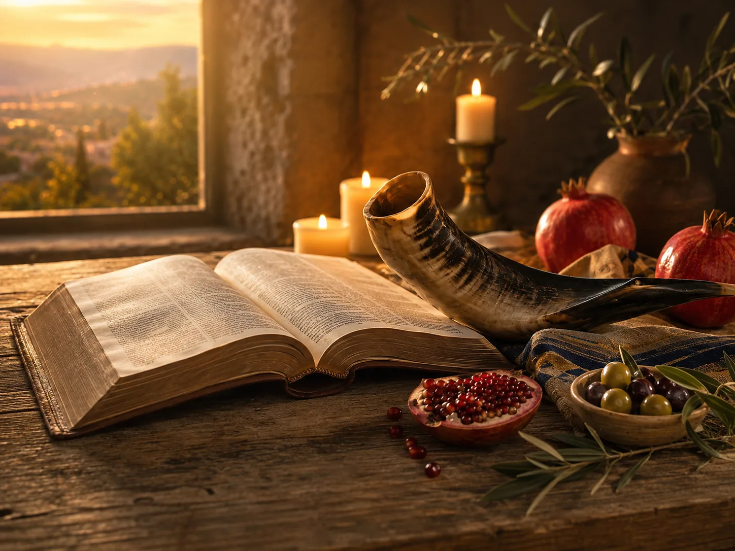 An open Bible, shofar and fruit in warm festival light