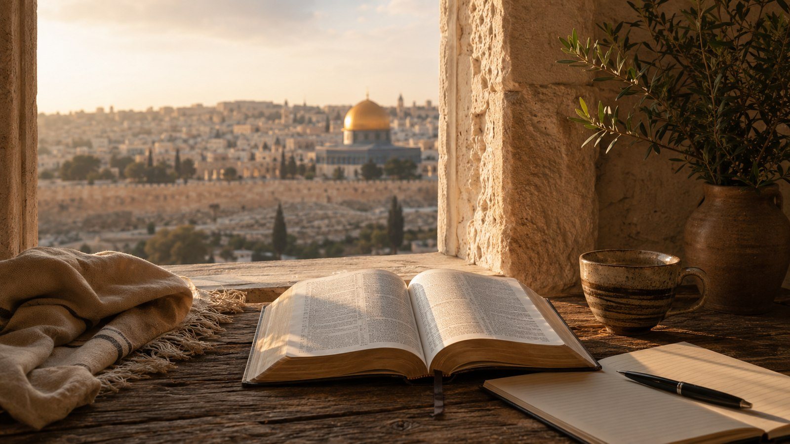 An open Bible in a warm study overlooking the city