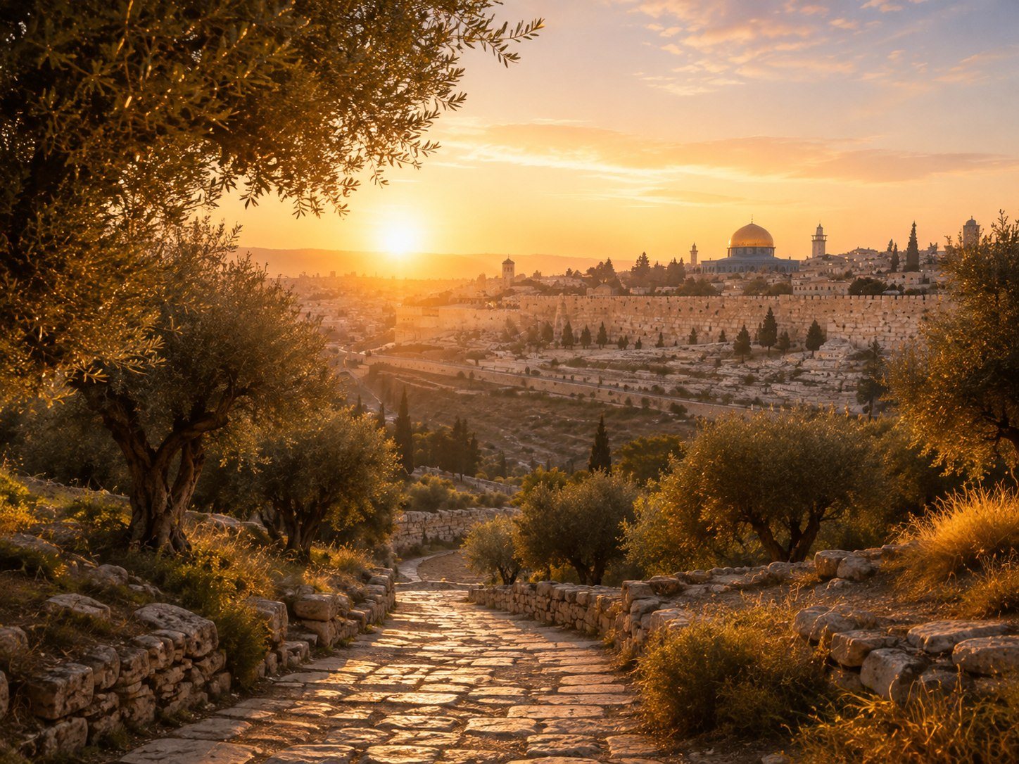 A golden path leading toward an ancient city