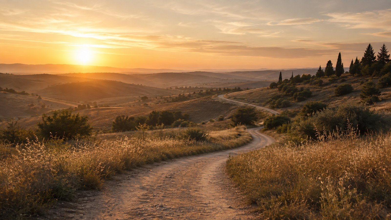 A sunlit path through open hills
