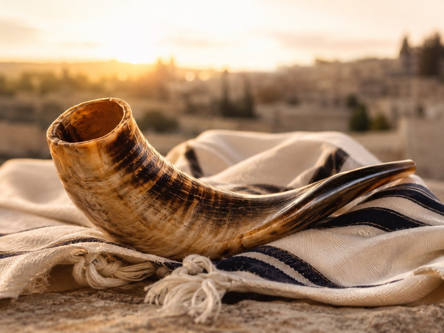 A shofar resting on a prayer shawl in warm natural light