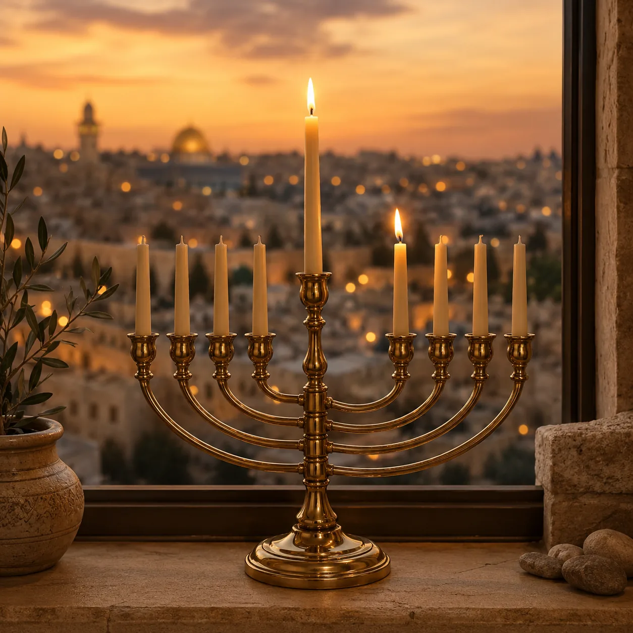 Hanukkah Day 1, the taller central shamash and one festival light burning