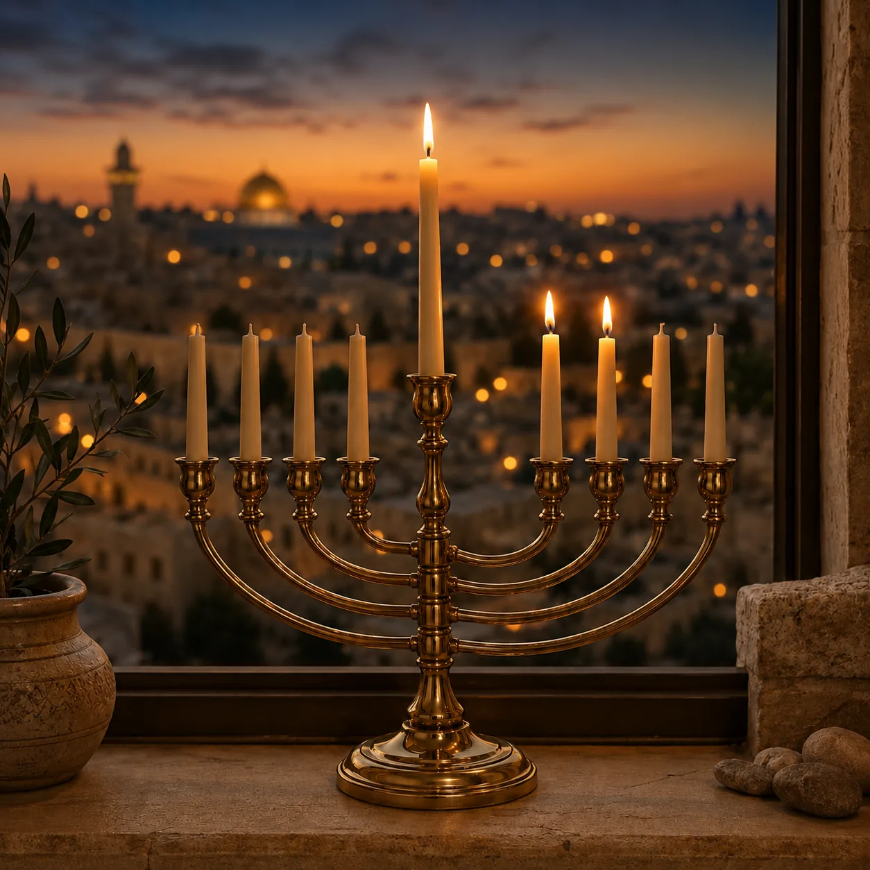 Hanukkah Day 2, the taller central shamash and 2 festival lights burning