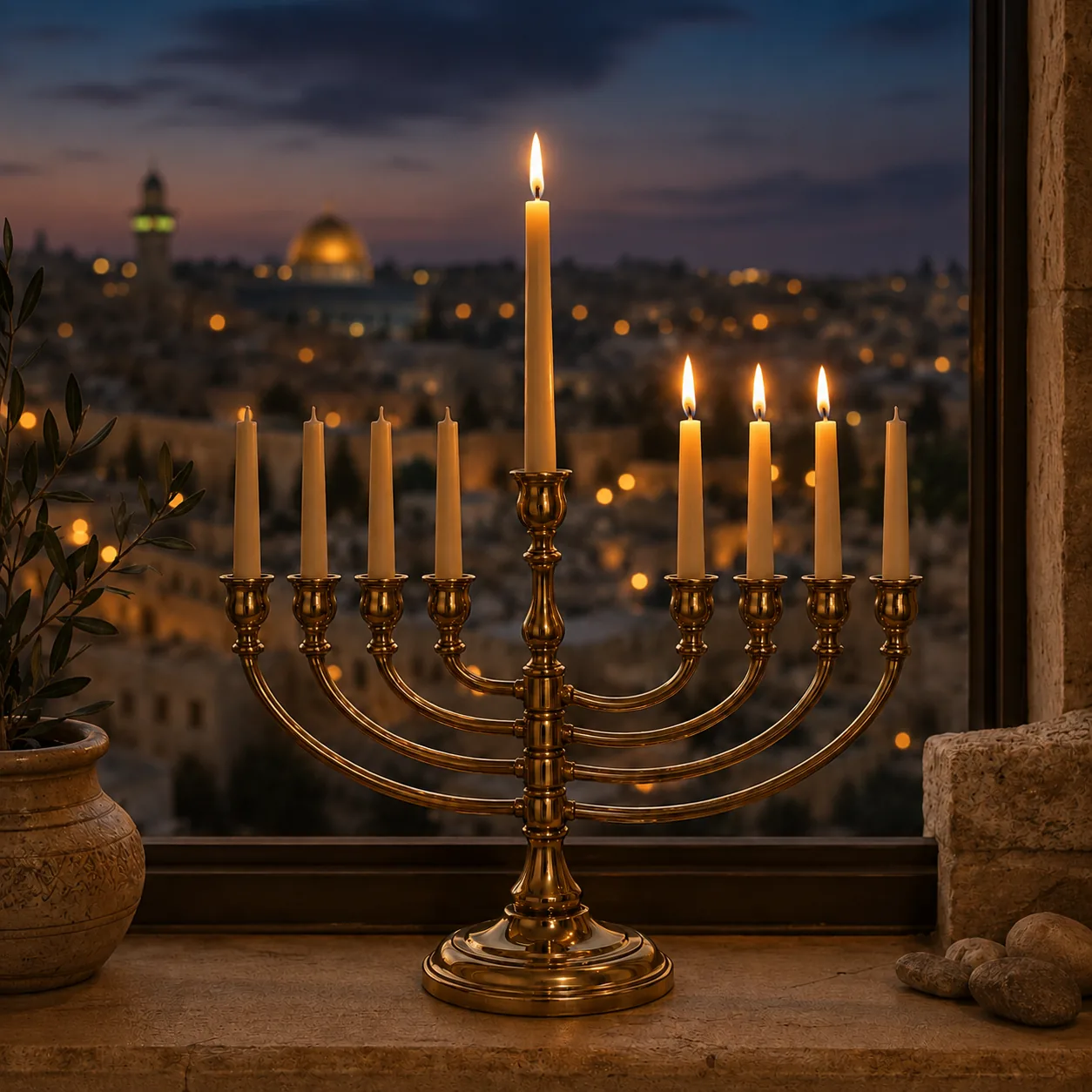 Hanukkah Day 3, the taller central shamash and 3 festival lights burning