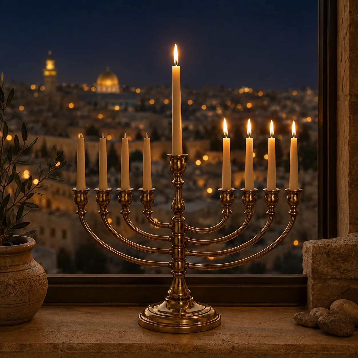Hanukkah Day 4, the taller central shamash and 4 festival lights burning