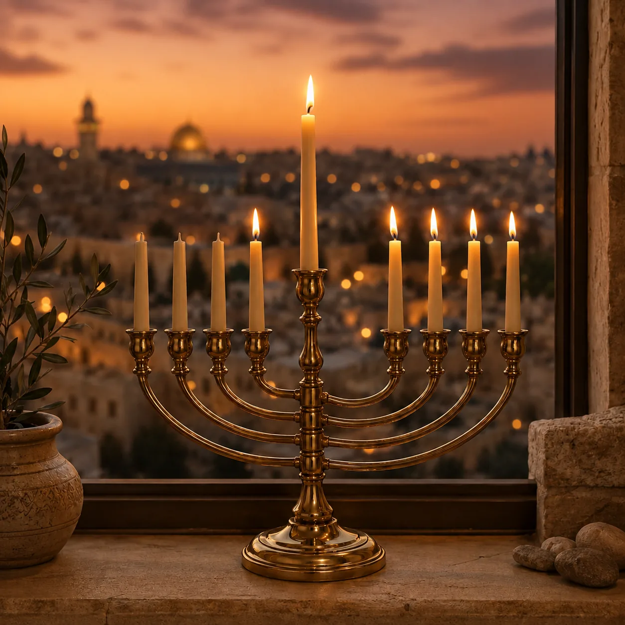 Hanukkah Day 5, the taller central shamash and 5 festival lights burning