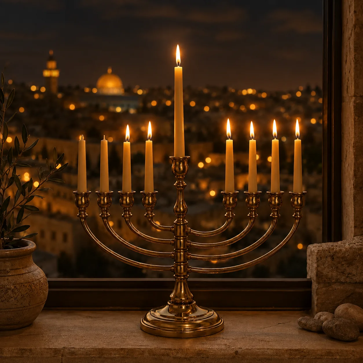 Hanukkah Day 6, the taller central shamash and 6 festival lights burning