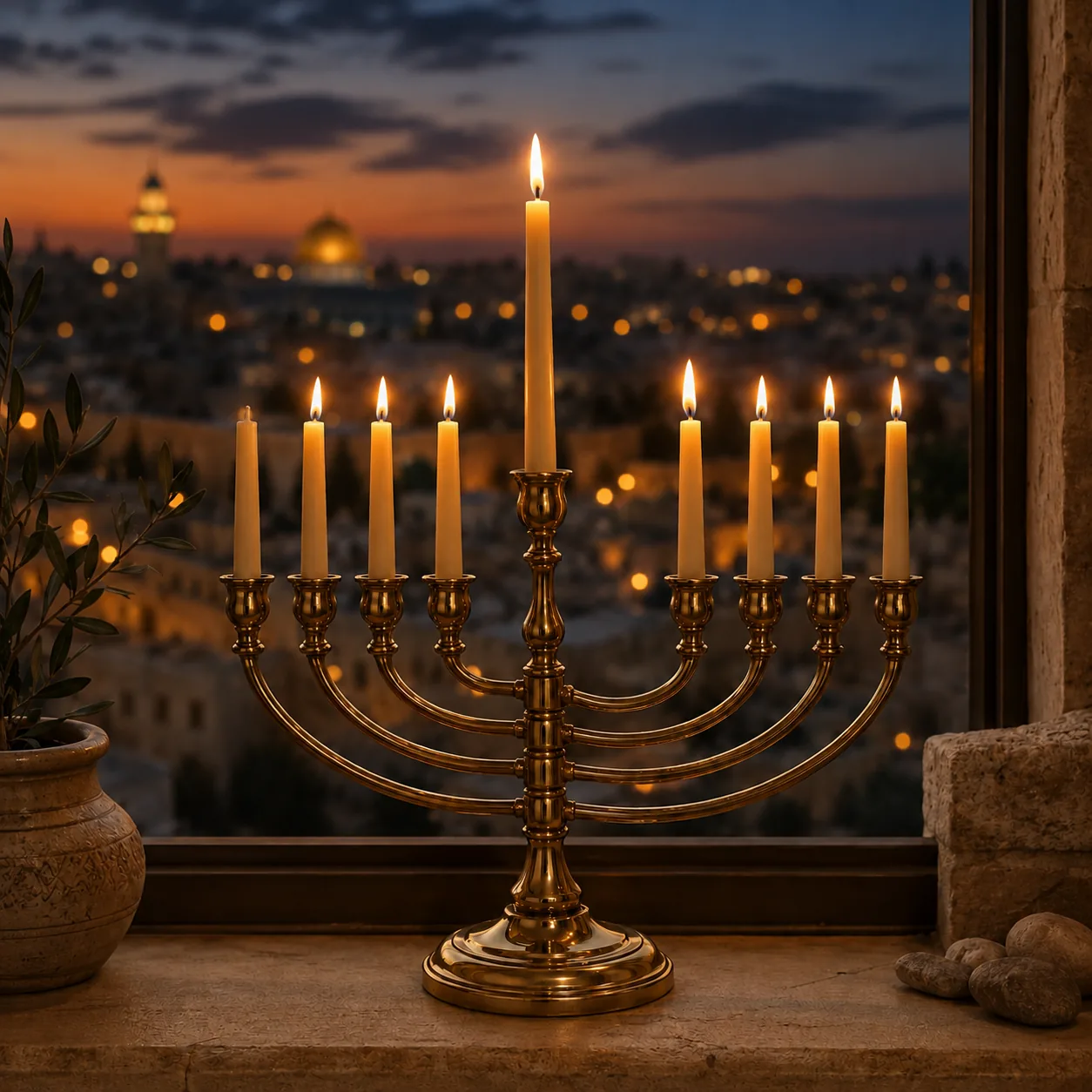 Hanukkah Day 7, the taller central shamash and 7 festival lights burning