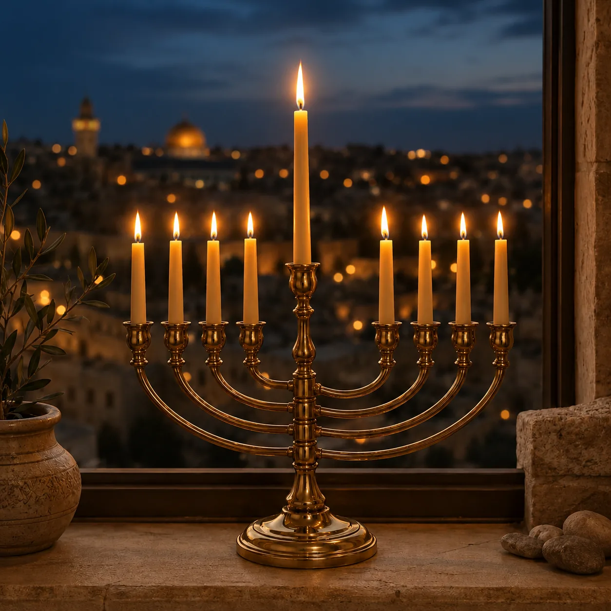Hanukkah menorah with the taller central shamash and all eight festival lights burning