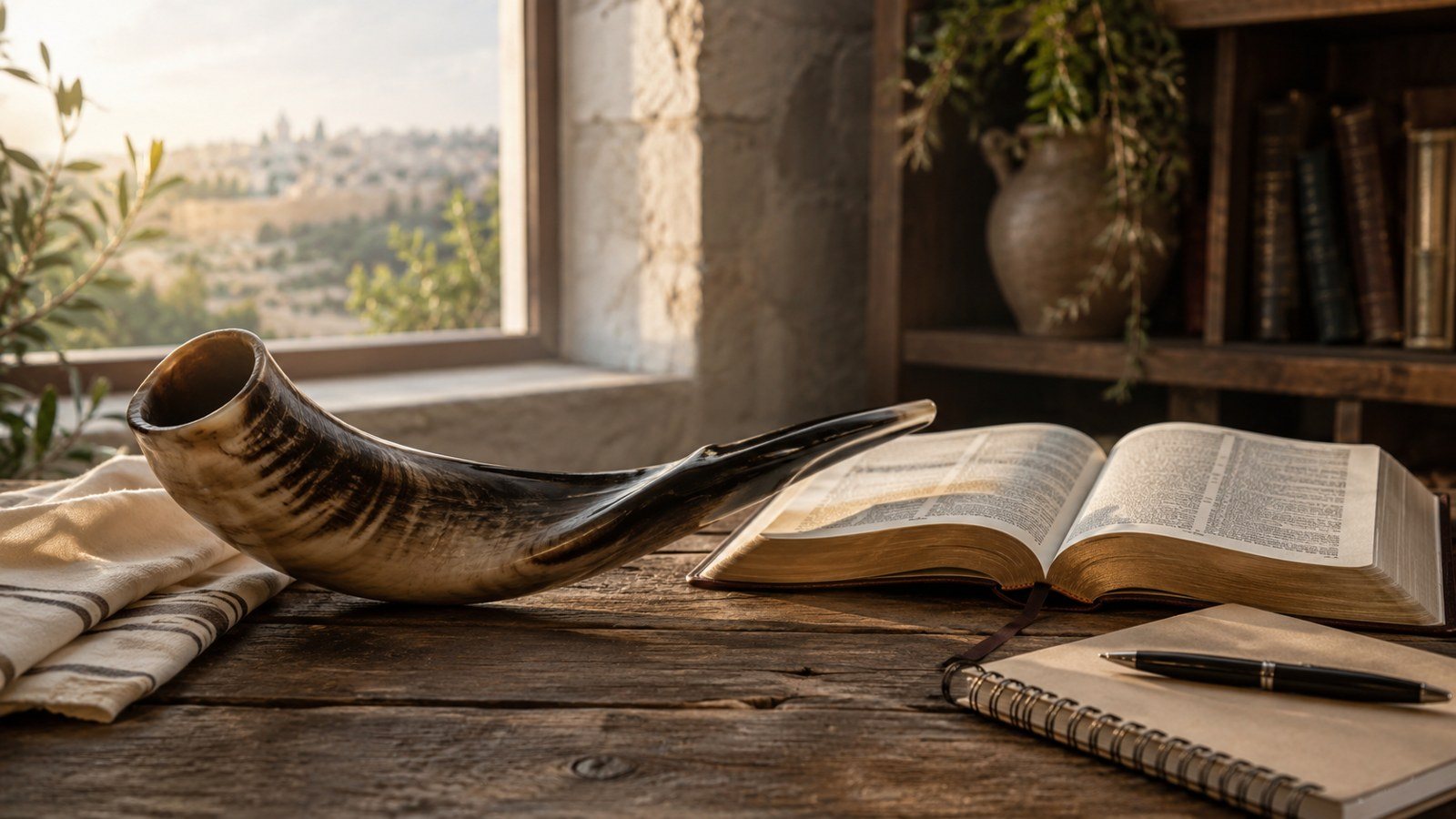 An open Bible and shofar in warm natural light