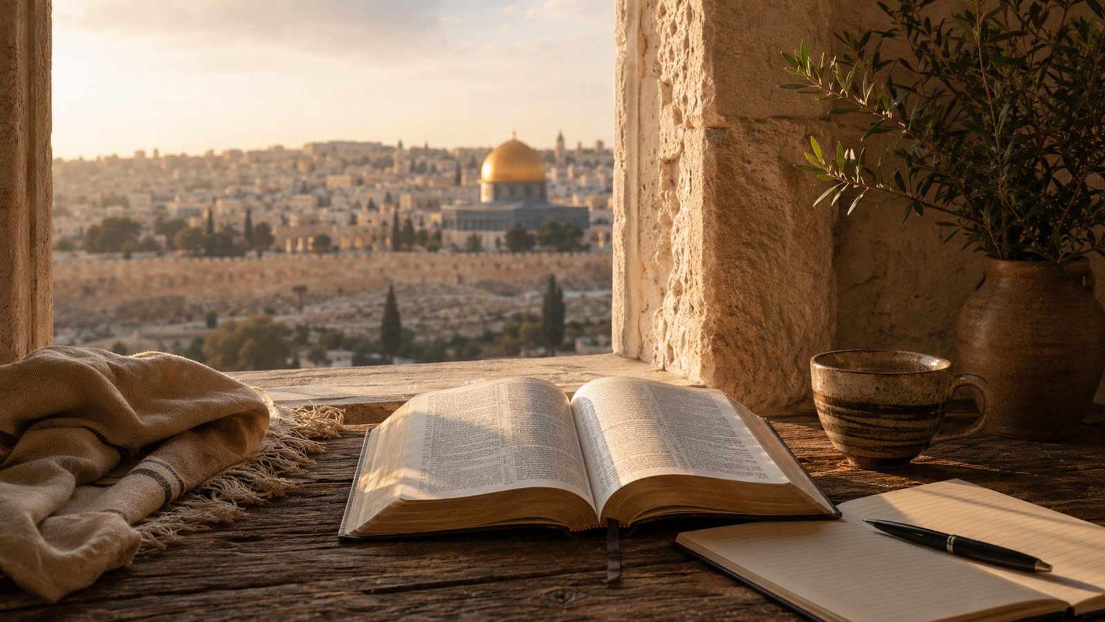 Open Bible and notebook by a window overlooking Jerusalem
