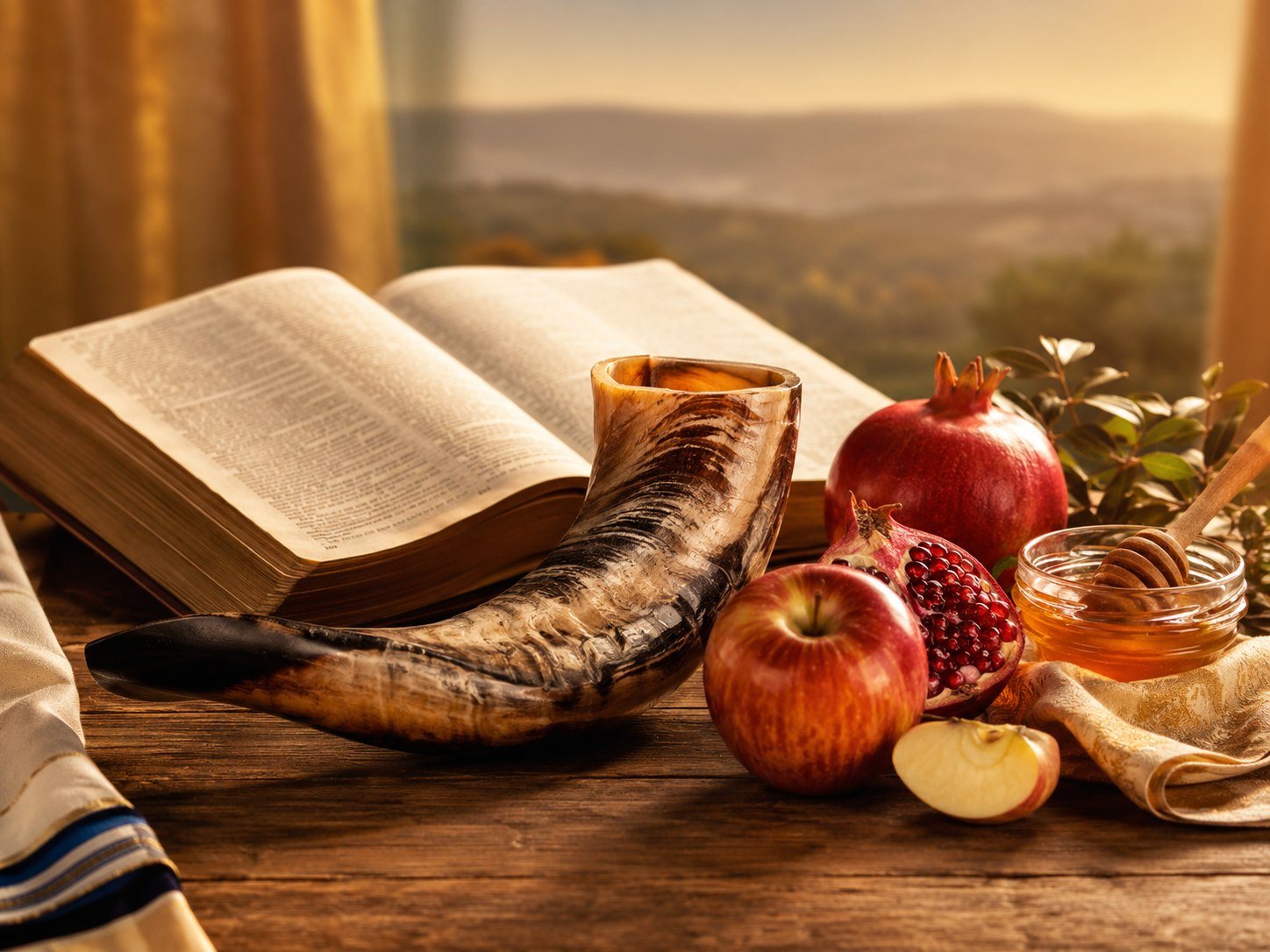 Shofar, Bible, apples, honey and pomegranate prepared for Rosh Hashanah