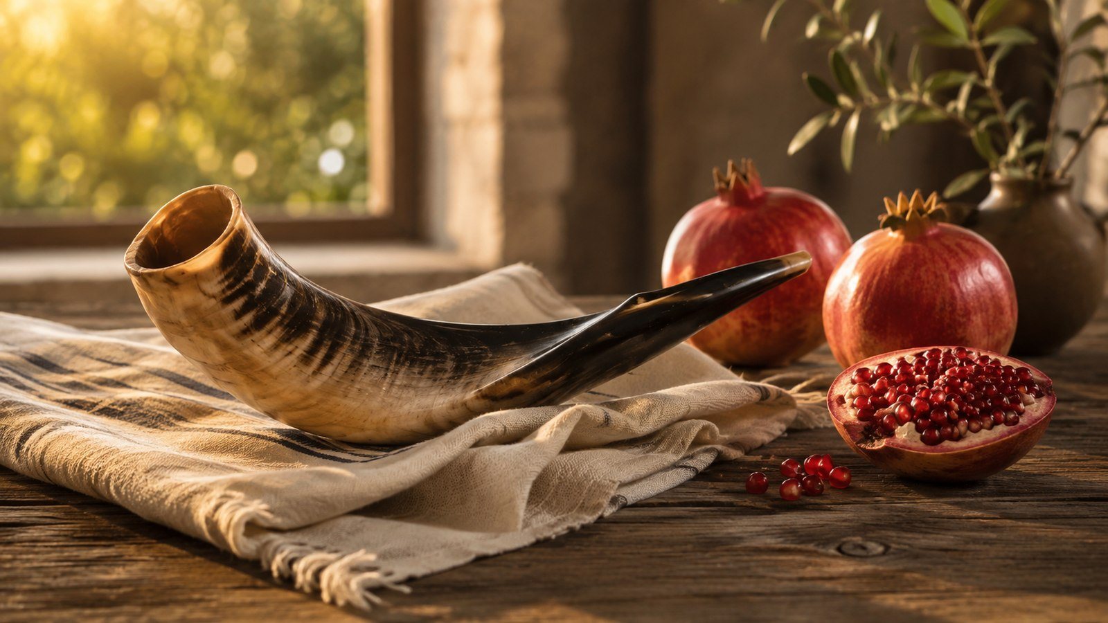 A shofar and pomegranate arranged in a simple rustic setting
