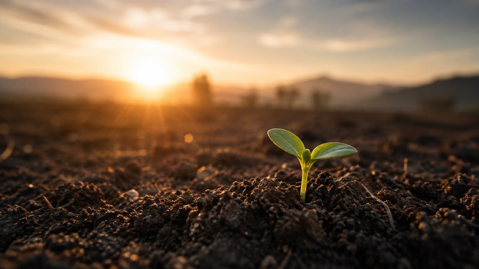 A young seedling growing in the light of sunrise