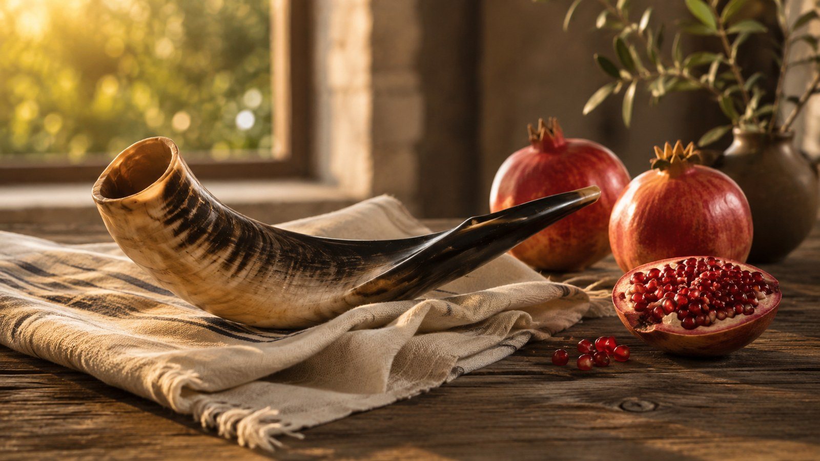 A shofar in warm natural light beside pomegranates