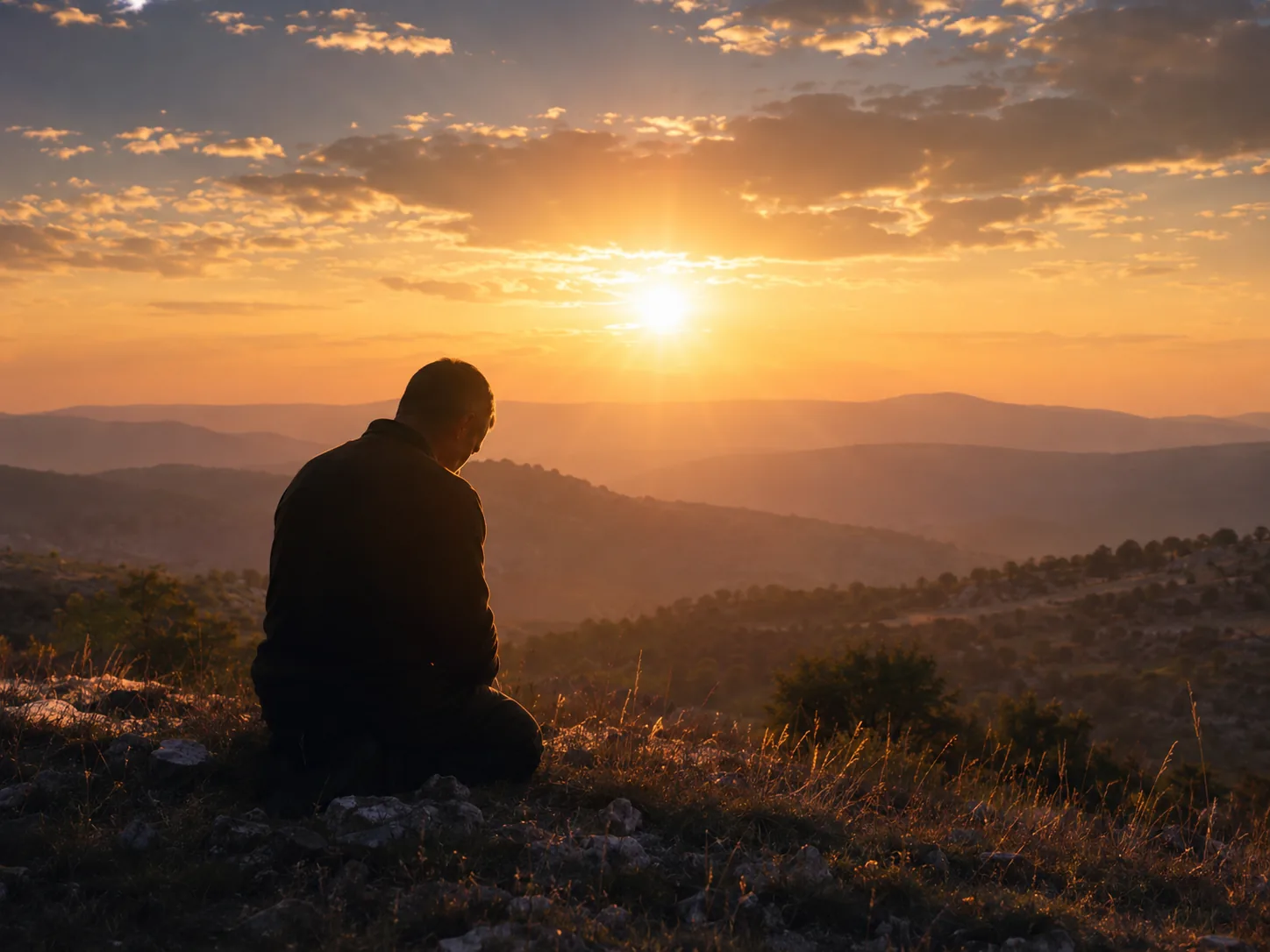 A person praying quietly at golden hour
