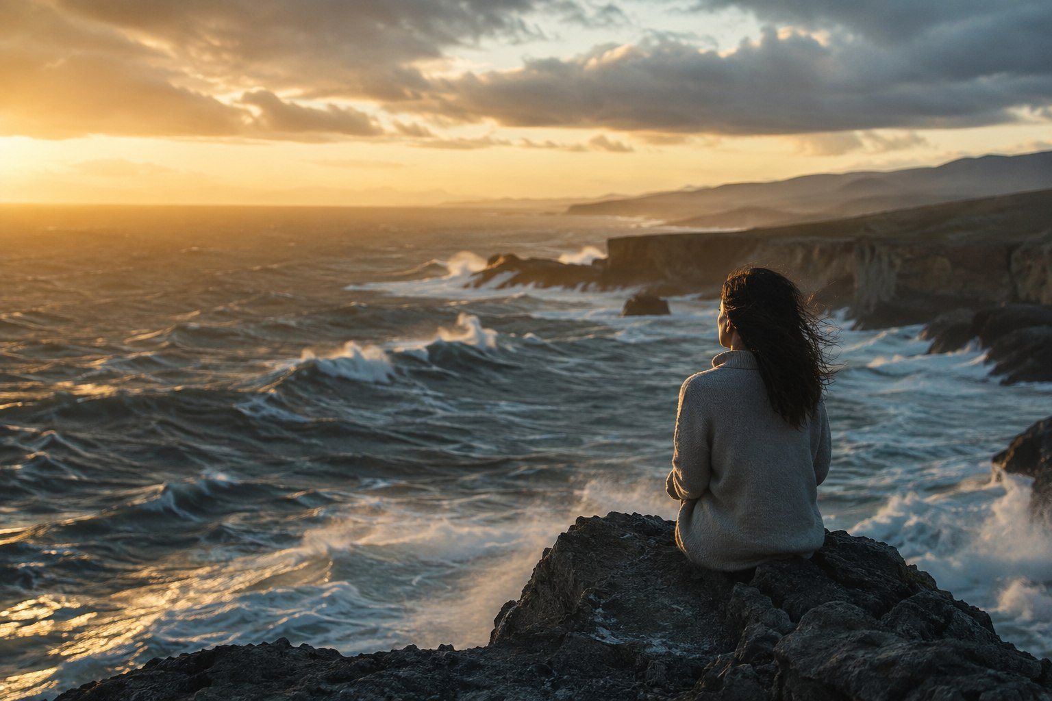 A person looking across stormy seas toward the light