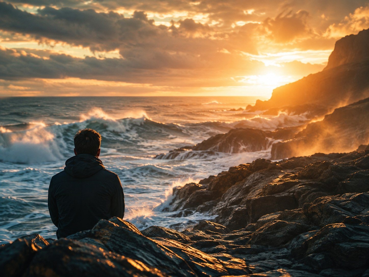 A person facing a turbulent sea at sunset