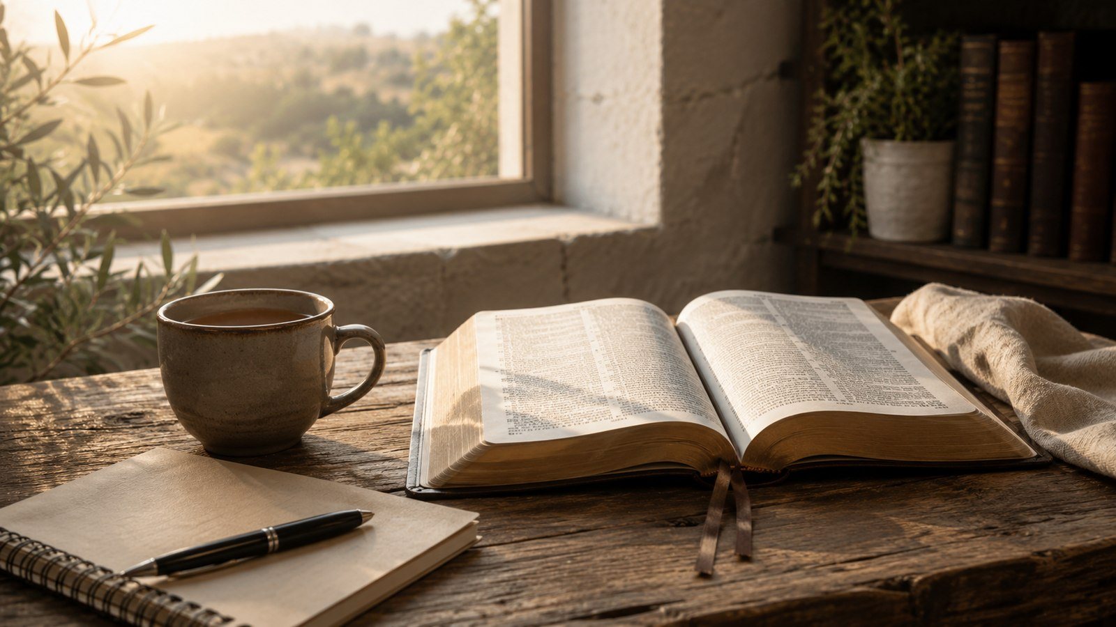 A Bible open in a quiet sunlit reading place