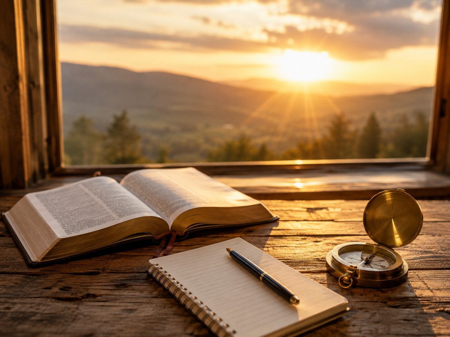 Bible, journal and compass in warm sunlight