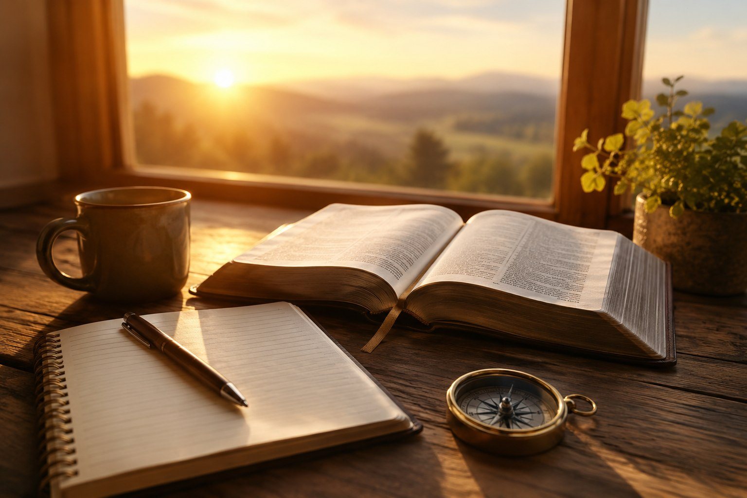 A Bible, notebook and compass beside a sunrise window
