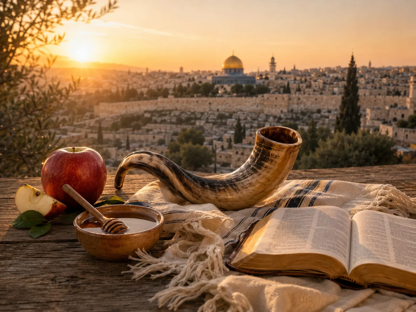 A Bible and Rosh Hashanah symbols overlooking Jerusalem at sunrise