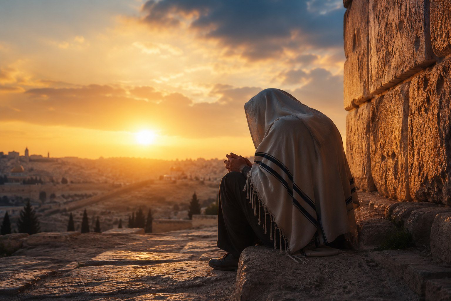 A person in prayer beside ancient stone walls at sunset