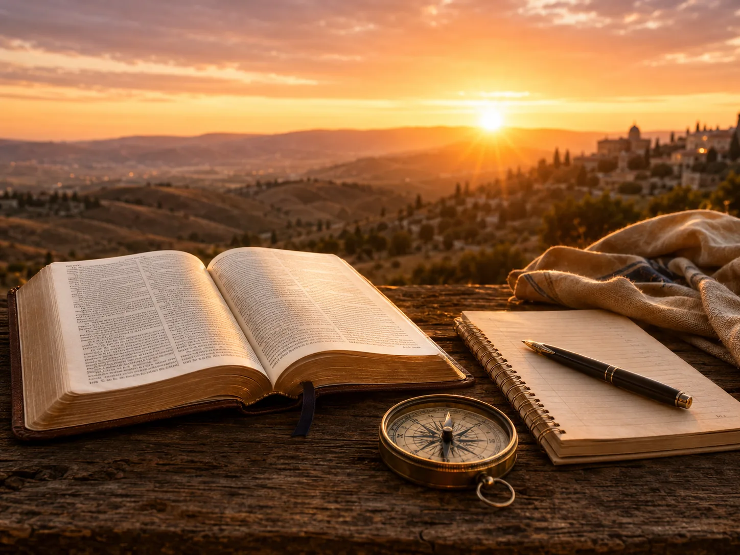 A Bible, journal and compass prepared for careful discernment